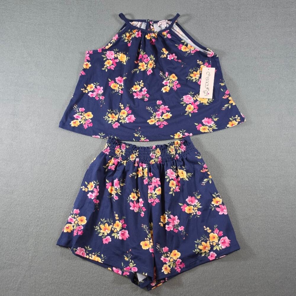 NWT Chenault Girl Floral Tank Top Shorts Set Navy Blue Pink Yellow Girls Size 12